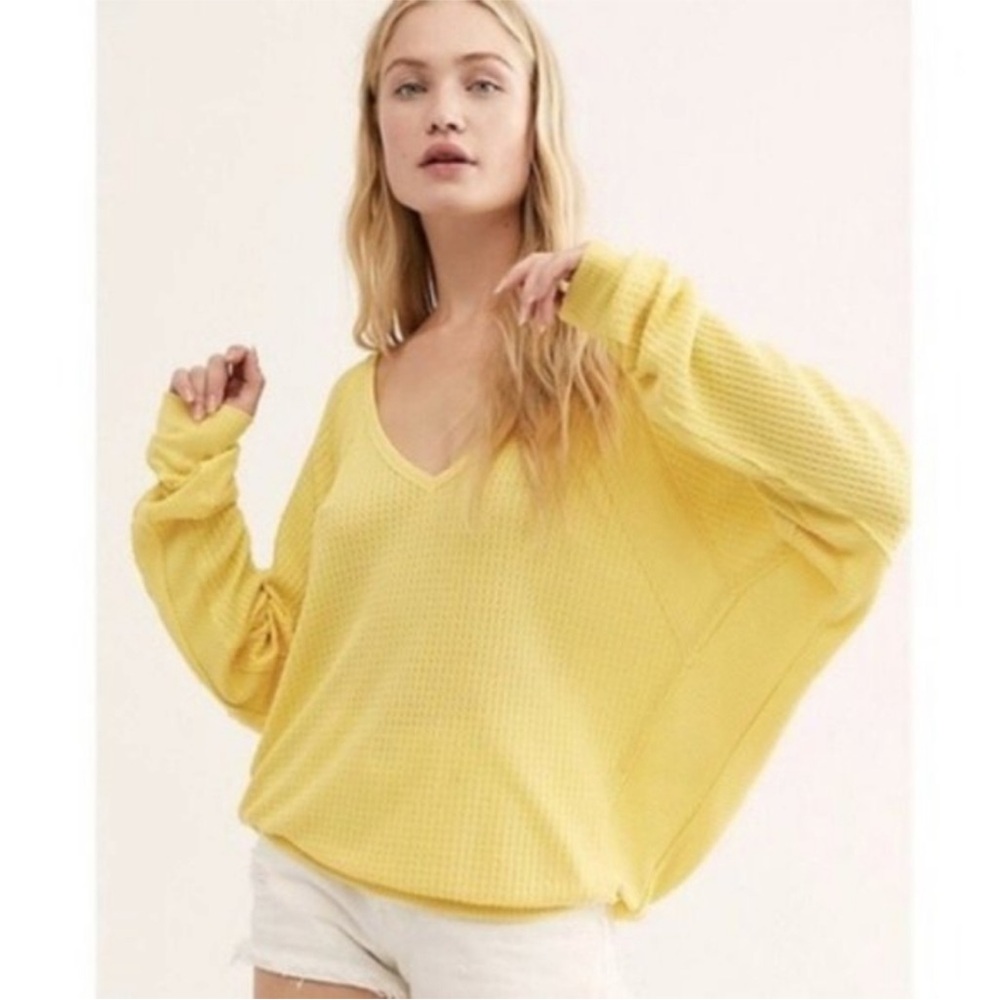 Free People Santa Clara Thermal Top Yellow Noon $78 medium waffle knit dolman